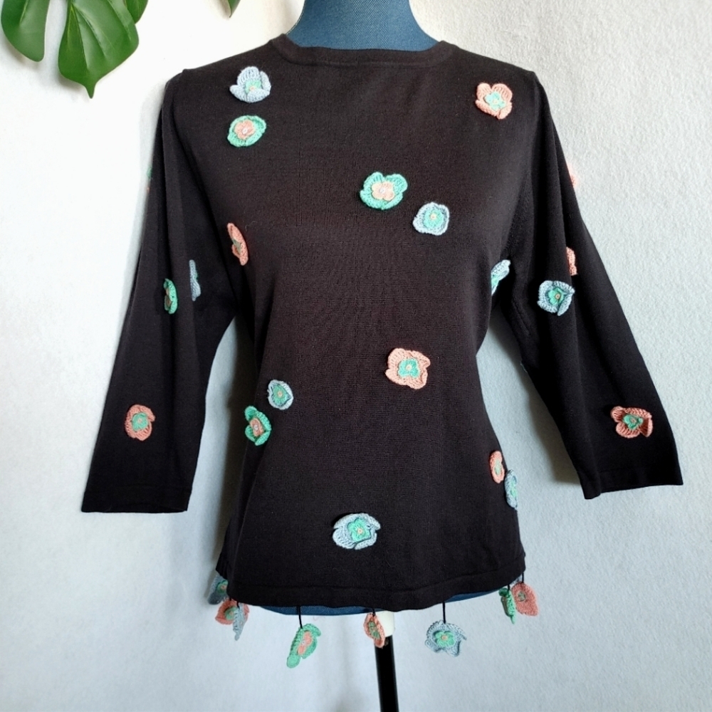Focus By Shani Black Sweater with Crochet Flowers